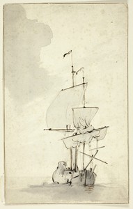 A Brig by II Willem van de Velde, created n.d., in Pen and brown ink and brush and gray wash and graphite, on ivory laid paper, laid down on buff wove paper. Do