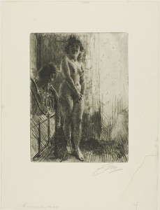 A Dark Corner by Anders Zorn, created 1903, in Etching on ivory laid paper. Download this artwork as a high-resolution wallpaper for desktop, tablet, or mobile. — Illustration Wallpaper