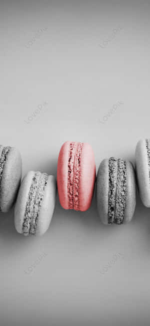 En rad macaroner med en rosa macaron som sticker ut mot en gråskalebakgrund.