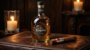 Luxueuze combinatie van Casa Dragones Añejo tequila en een sigaar in donkere sfeer.