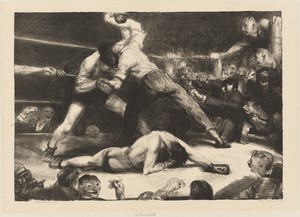 A Knockout by George Bellows, created 1921, in lithograph in black. Download this artwork as a high-resolution wallpaper for desktop, tablet, or mobile.