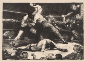 A Knockout by George Bellows, created 1921, in lithograph. Download this artwork as a high-resolution wallpaper for desktop, tablet, or mobile. — George Bellows Wallpaper
