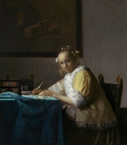 A Lady Writing by Johannes Vermeer, created c. 1665, in oil on canvas. Download this artwork as a high-resolution wallpaper for desktop, tablet, or mobile. — Johannes Vermeer Wallpaper