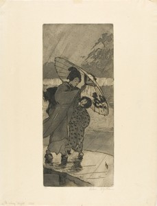A Rainy Night by Helen Hyde, created 1906, in Aquatint on paper. Download this artwork as a high-resolution wallpaper for desktop, tablet, or mobile. — Illustration Background