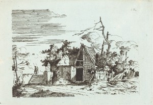 A Rustic Barn by Louis Gabriel Moreau, created c. 1780, in etching on light blue laid paper. Download this artwork as a high-resolution wallpaper for desktop, t — Art Picture