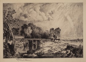 A Rustic Bridge by Thomas Moran, created 1879, in etching in black. Download this artwork as a high-resolution wallpaper for desktop, tablet, or mobile. — Thomas Moran Wallpaper