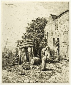 A Rustic Dwelling by Charles Emile Jacque, created c. 1865, in Etching on light gray China paper laid down on ivory wove paper. Download this artwork as a high- — Illustration Wallpaper