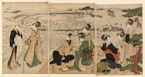 A seaside outing by Utagawa Toyokuni I, created c. 1801/04, in Color woodblock print; oban triptych. Download this artwork as a high-resolution wallpaper for de — Art Picture