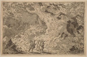 A Thick Forest by Allaert van Everdingen, created probably c. 1645/1656, in etching with engraving. Download this artwork as a high-resolution wallpaper for des — Allaert van Everdingen Wallpaper
