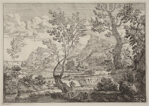 A Waterfall by Crescenzio Onofri, created 1696, in etching. Download this artwork as a high-resolution wallpaper for desktop, tablet, or mobile.