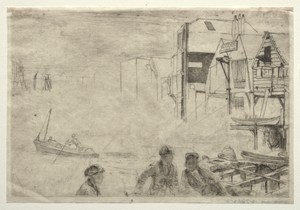 A Wharf by James McNeill Whistler, created 1859, in etching. Download this artwork as a high-resolution wallpaper for desktop, tablet, or mobile. — Painting Picture