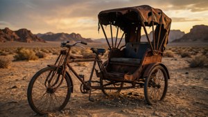 En rostig rickshaw övergiven i ett ökenlandskap vid solnedgång, dramatisk.
