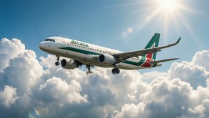 Pesawat Alitalia melaju di atas awan yang lembut