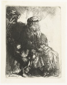 Abraham caressing Isaac by Rembrandt van Rijn, created 1850 - 1906, in paper; etching. Download this artwork as a high-resolution wallpaper for desktop, tablet, — Rembrandt van Rijn Wallpaper