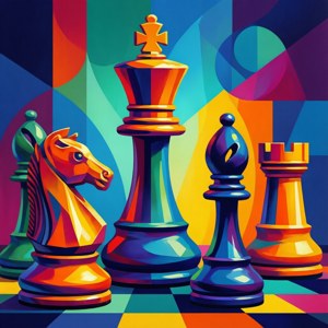 Modern abstract art with geometric shapes representing chess pieces in vibrant colors