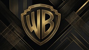 Garis geometris minimalis emas membentuk simbol DC dan Warner Bros.