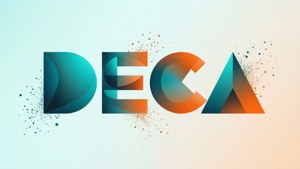 Gestileerde DECA-tekst met kleurrijke deeltjes die uit letters barsten op gradiëntachtergrond