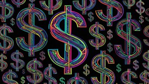 Wallpaper abstrak geometris dengan simbol dolar neon berulang di atas hitam