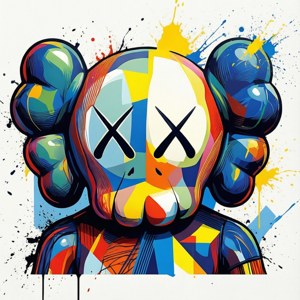 Colorful cartoon character with X eyes and paint splatters on white background. — Kaws Wallpaper