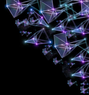 Schwebende leuchtende geometrische Formen, verbunden durch Linien vor einem schwarzen Hintergrund. — Abstract Triangle Wallpaper
