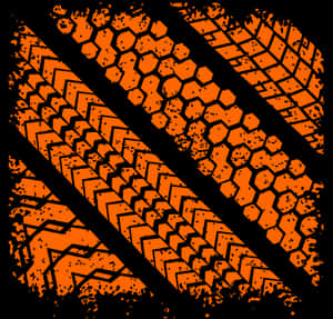 Bold orange geometric pattern with hexagons and zigzags on black background.