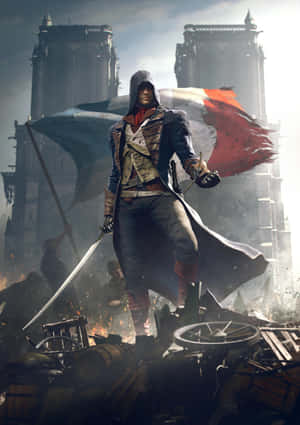 Assassin in hooded coat holding sword and French flag amid battle rubble with Notre Dame in background. — Assassin's Creed Hidden Blades Wallpaper