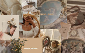 Vintage-Collage mit Spiegeln, Kronleuchtern und handgeschriebenen Zitaten in Beigetönen. — Academia Aesthetic Wallpaper