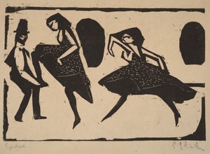 Acrobatic Dance by Ernst Ludwig Kirchner, created 1911, in woodcut printed in black. Download this artwork as a high-resolution wallpaper for desktop, tablet, o — Art Picture
