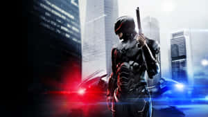 Cyberpunk warrior in black armor holding rifle in neon city at night