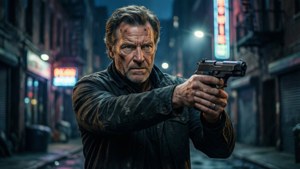 Stephen Root in einer dramatischen Action-Pose in einer neonbeleuchteten Gasse.