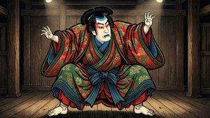 En kabuki-skuespiller i en dramatisk positur gengivet i stil med Torii Kiyomasu II