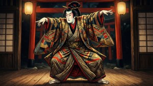 En torii kiyonobu i kabuki-skuespiller inntar en kraftig mie-positur på scenen