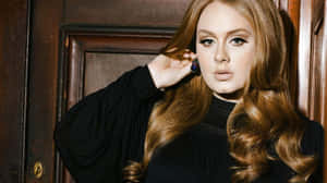 Adele de blusa preta com cabelo comprido e brincos grandes em pé ao lado de uma porta de madeira. — Adele Papéis de Parede
