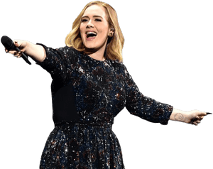 Adele singing with arms outstretched in a glittering dress. — Adele PNG