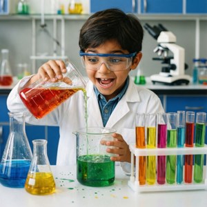 Adley doet leuke wetenschappelijke experimenten in een lab met kleurrijke vloeistoffen.