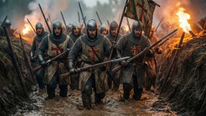 Kreuzritter-Soldaten kämpfen sich durch schlammige Schützengräben im Trench Crusade-Universum vor