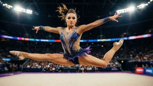 Gymnast in sparkly blue purple leotard leaps in split pose on competition floor under arena lights