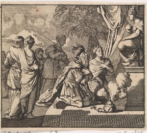 Afgoderij van Salomo by Caspar Luyken, created 1698, in paper; etching. Download this artwork as a high-resolution wallpaper for desktop, tablet, or mobile. — Art Wallpaper