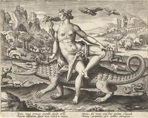 Afrika by Adriaen Collaert, created 1586 - 1591, in paper; engraving. Download this artwork as a high-resolution wallpaper for desktop, tablet, or mobile. — Adriaen Collaert Wallpaper