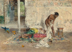 After the Bath by Giovanni Boldini, created after 1889, in oil on wood. Download this artwork as a high-resolution wallpaper for desktop, tablet, or mobile. — Art Picture