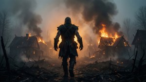 Ivar berjalan menjauh dari desa yang terbakar dalam kabut tebal
