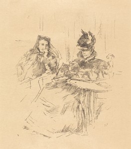 Afternoon Tea by James McNeill Whistler, created 1897, in lithograph in black on laid paper. Download this artwork as a high-resolution wallpaper for desktop, t — Art Wallpaper