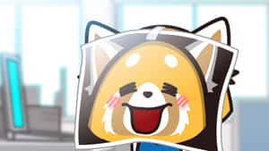 Um panda vermelho de desenho animado sorrindo segurando uma foto de si mesmo em um escritório. — Aggretsuko Papéis de Parede