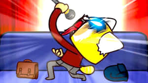 Cartoon cat singing on stage with microphone briefcase and hat — Sakura Anime Picture