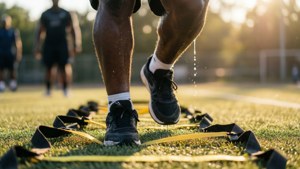 Dre Greenlaw trainiert auf der Agility-Leiter, Morgenlicht.