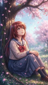 Yuruyuri Akari yksin kirsikkapuun alla unenomainen pastelli pystytapetti.