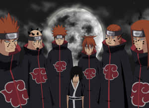 Sju maskerade Akatsuki-medlemmar står under en fullmåne med en liten figur framför. — Anime Group Bilder