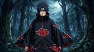 Sasuke dengan jubah Akatsuki di hutan yang diterangi cahaya bulan, wallpaper misterius