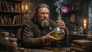 Ein älterer Alchemist experimentiert mit einer wilden Rubis-Blume in einem kerzenbeleuchteten mittelalterlichen Labor.