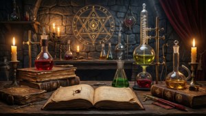 A vintage alchemical lab with manuscripts and alembics.